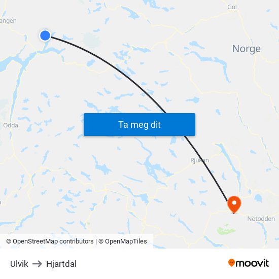 Ulvik to Hjartdal map