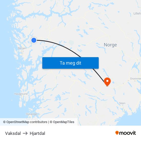 Vaksdal to Hjartdal map