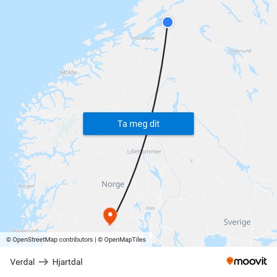 Verdal to Hjartdal map