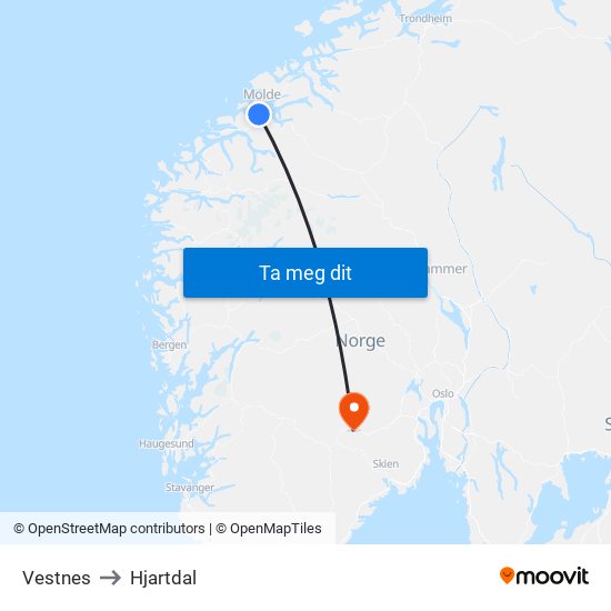 Vestnes to Hjartdal map