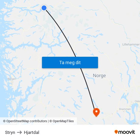 Stryn to Hjartdal map