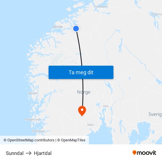 Sunndal to Hjartdal map