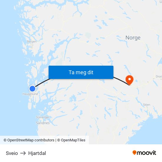 Sveio to Hjartdal map