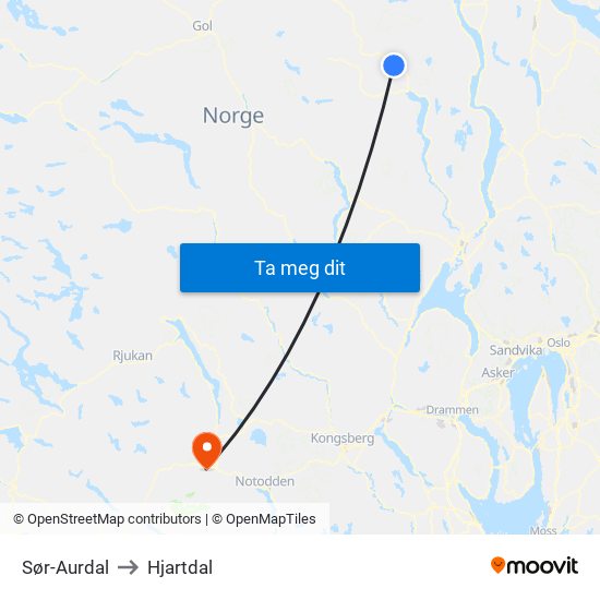 Sør-Aurdal to Hjartdal map