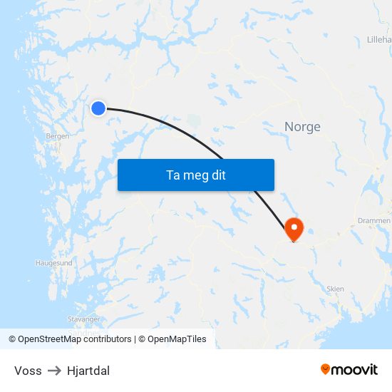 Voss to Hjartdal map
