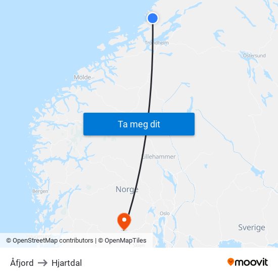 Åfjord to Hjartdal map