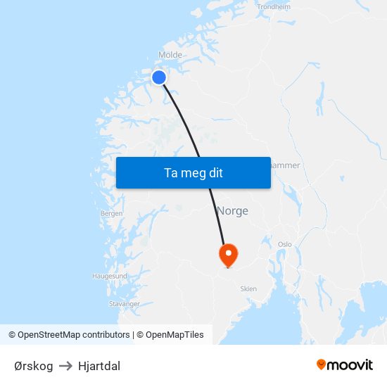 Ørskog to Hjartdal map