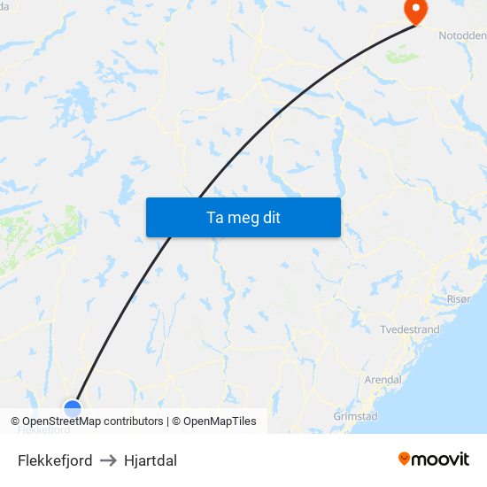 Flekkefjord to Hjartdal map