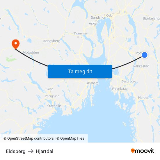 Eidsberg to Hjartdal map