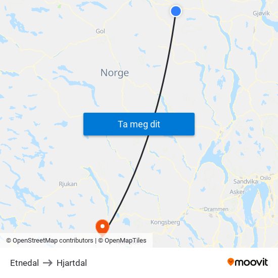 Etnedal to Hjartdal map