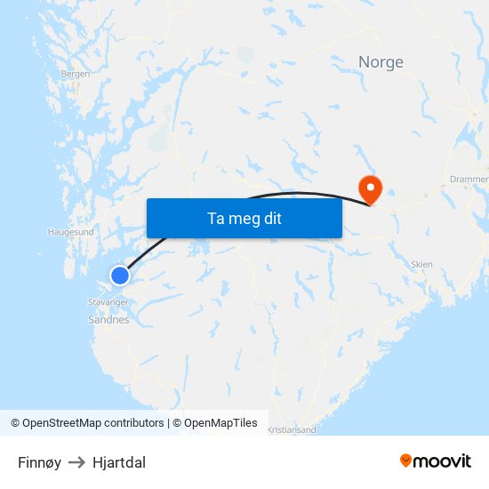 Finnøy to Hjartdal map