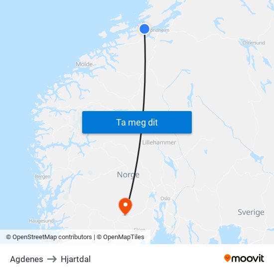 Agdenes to Hjartdal map