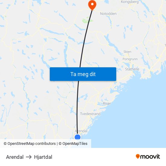 Arendal to Hjartdal map