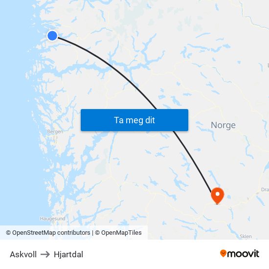 Askvoll to Hjartdal map