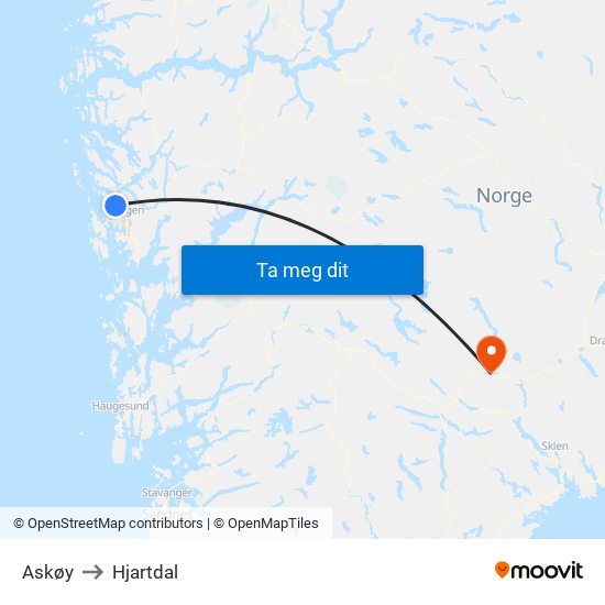 Askøy to Hjartdal map