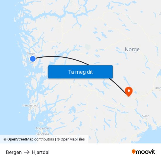 Bergen to Hjartdal map