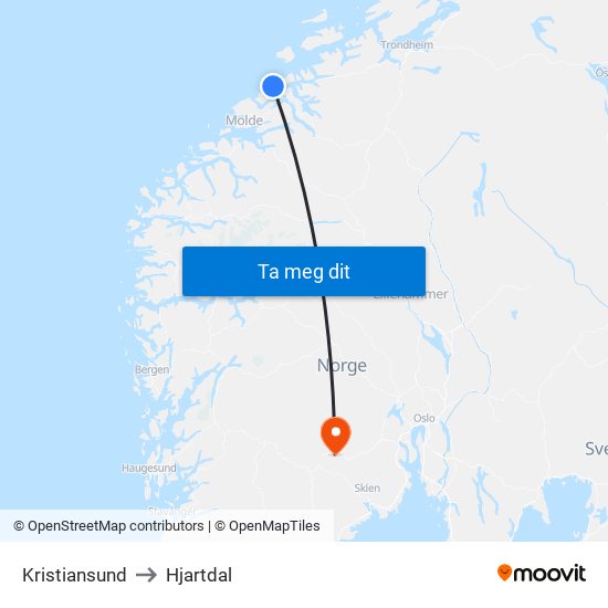 Kristiansund to Hjartdal map