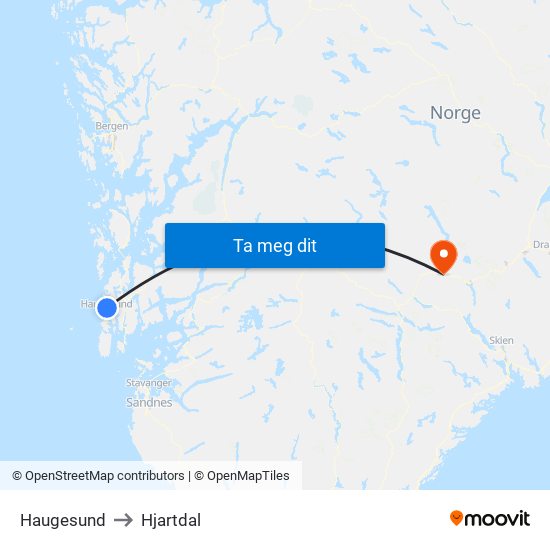 Haugesund to Hjartdal map
