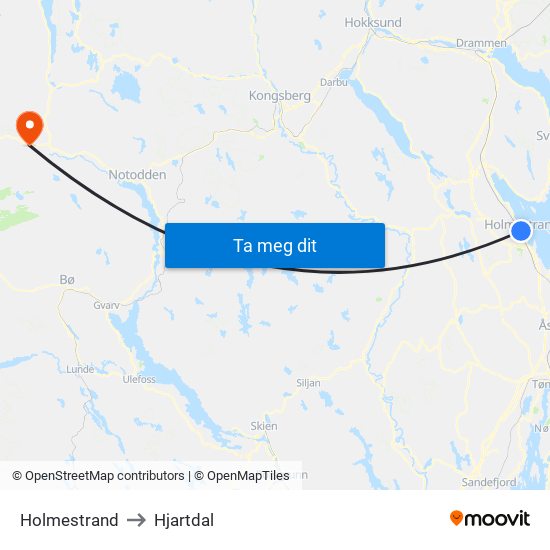 Holmestrand to Hjartdal map