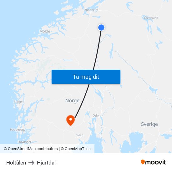 Holtålen to Hjartdal map