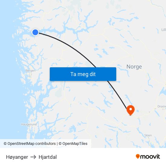 Høyanger to Hjartdal map