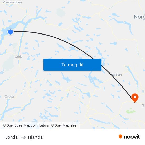 Jondal to Hjartdal map