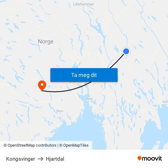 Kongsvinger to Hjartdal map