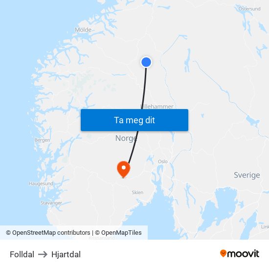 Folldal to Hjartdal map