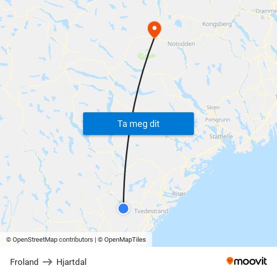 Froland to Hjartdal map
