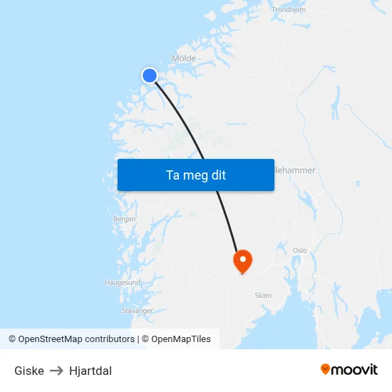 Giske to Hjartdal map