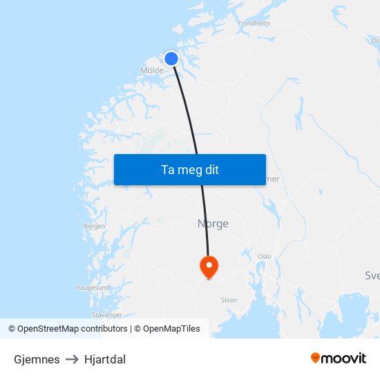 Gjemnes to Hjartdal map