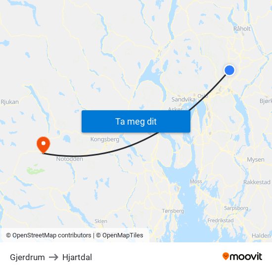 Gjerdrum to Hjartdal map