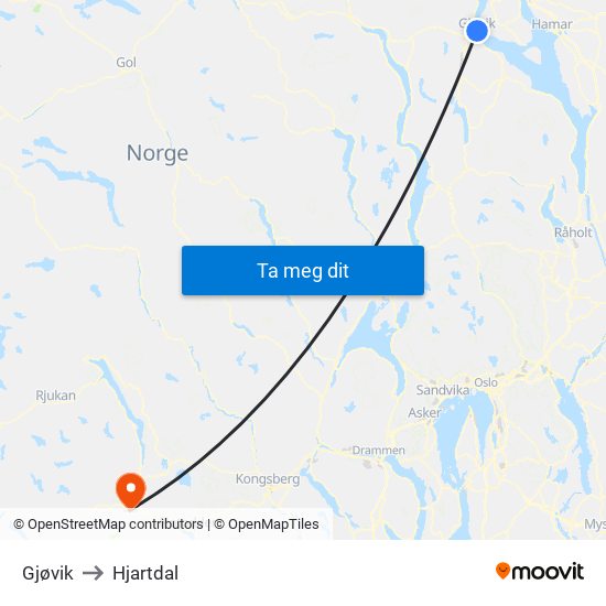 Gjøvik to Hjartdal map