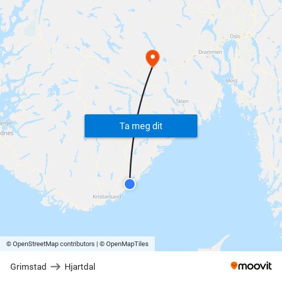 Grimstad to Hjartdal map
