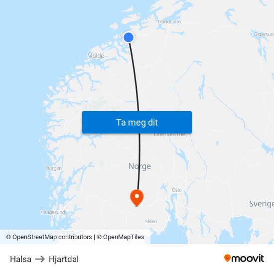 Halsa to Hjartdal map
