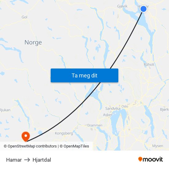 Hamar to Hjartdal map