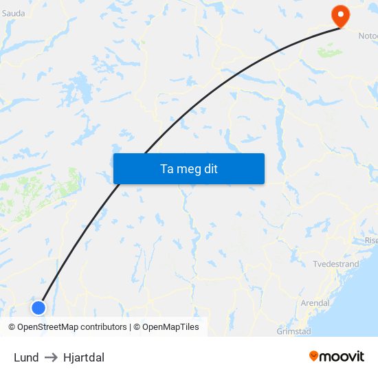 Lund to Hjartdal map