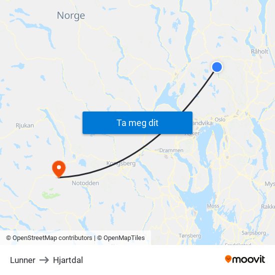 Lunner to Hjartdal map