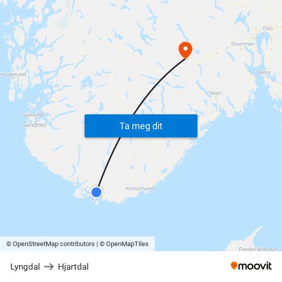Lyngdal to Hjartdal map