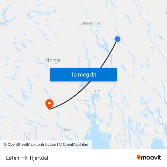 Løten to Hjartdal map