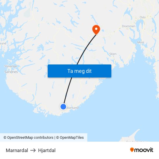 Marnardal to Hjartdal map