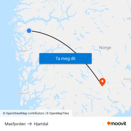 Masfjorden to Hjartdal map