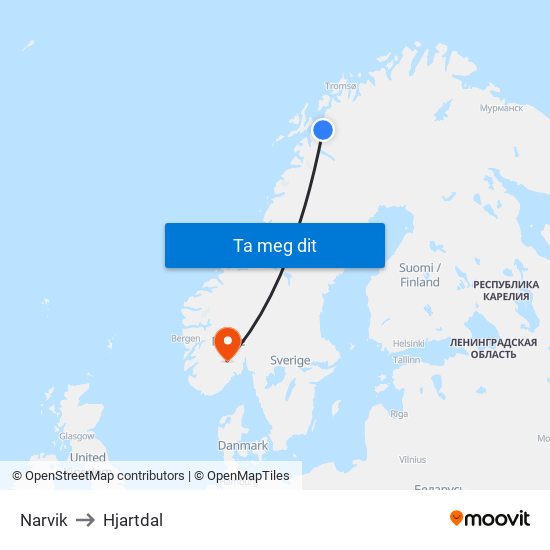 Narvik to Hjartdal map