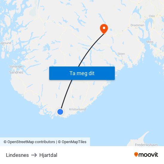 Lindesnes to Hjartdal map