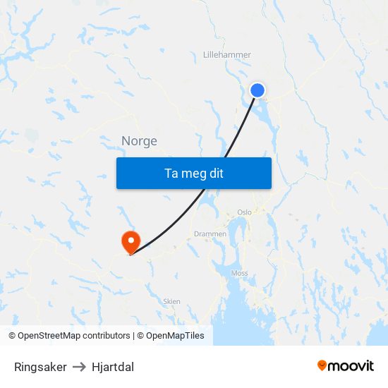 Ringsaker to Hjartdal map