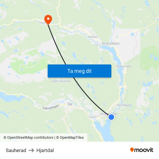 Sauherad to Hjartdal map