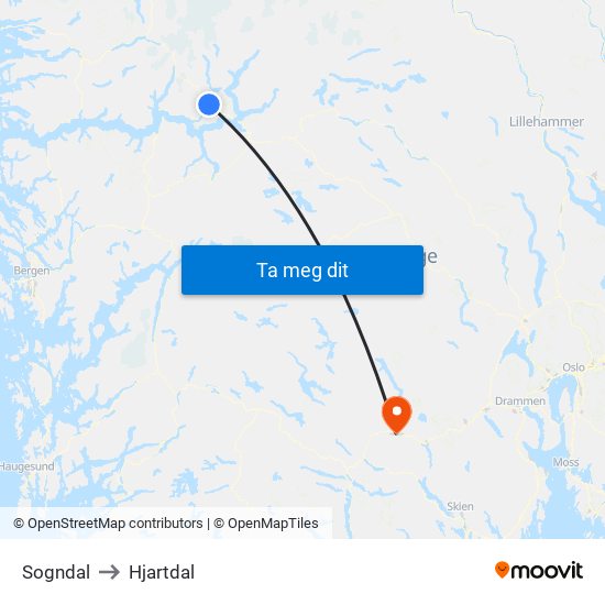 Sogndal to Hjartdal map