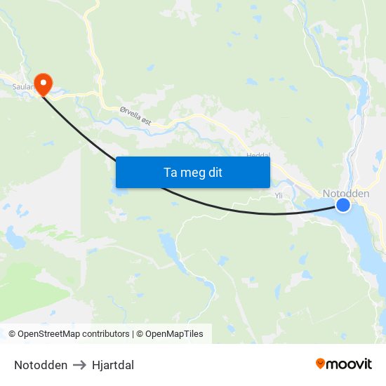 Notodden to Hjartdal map