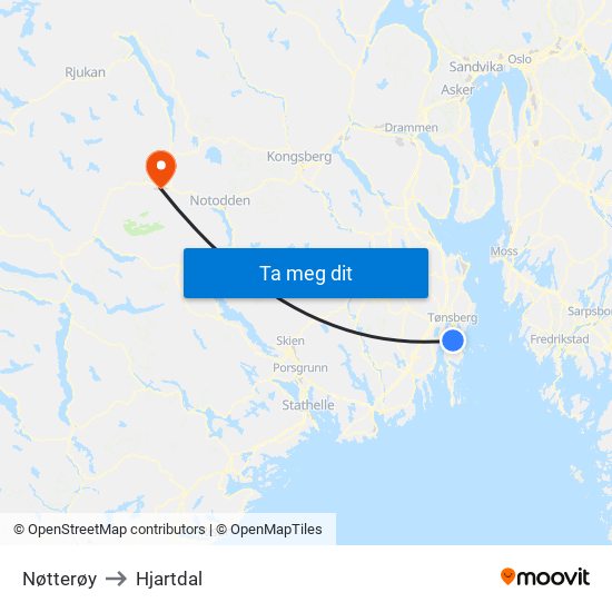 Nøtterøy to Hjartdal map