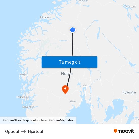 Oppdal to Hjartdal map